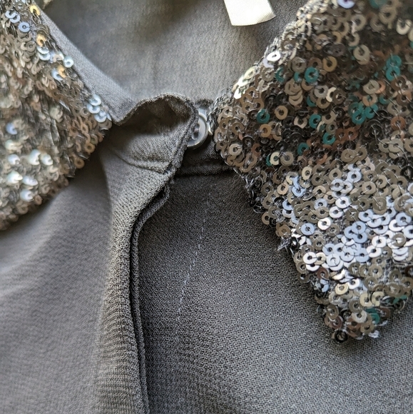 Ali & Kris Chiffon Sheer Blouse Button Up Sequin Collar, Cuff Long Sleeve- sz M - Picture 5 of 7